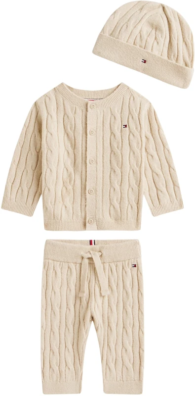 Tommy Hilfiger Newborn CABLE SET PANT + TOP W/BEANIE KN0KN02160 BEIGE (Gulf Sand) 0 Month
