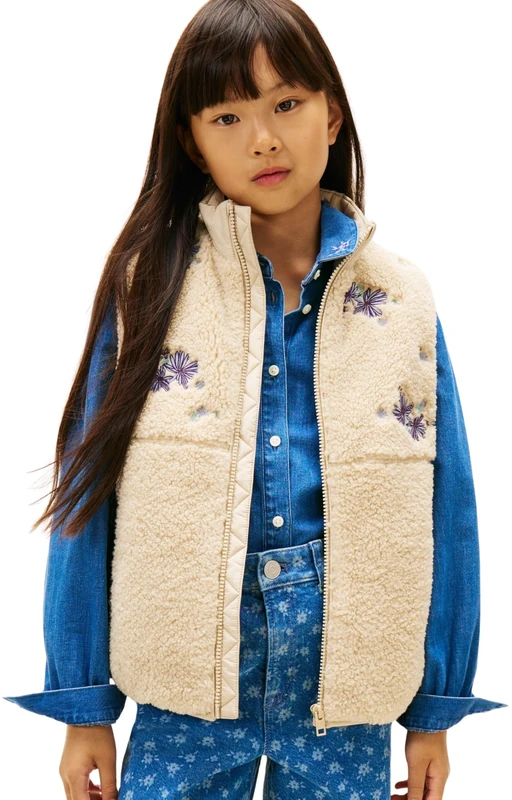Tommy Hilfiger Girl's FLORAL EMB TEDDY VEST KG0KG09049 Vest, BEIGE (Gulf Sand), 10 Years