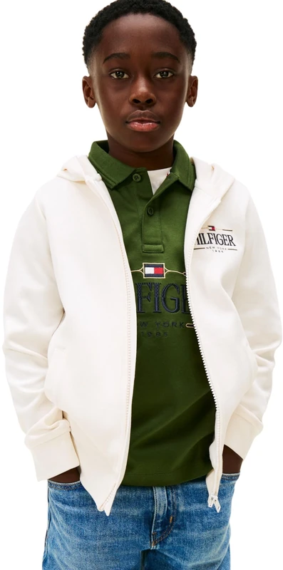 Tommy Hilfiger Boy's TOMMY ICONS ZIP THROUGH HOODIE KB0KB10362 Zip Through Hoodie, WHITE (Ancient White), 10 Years