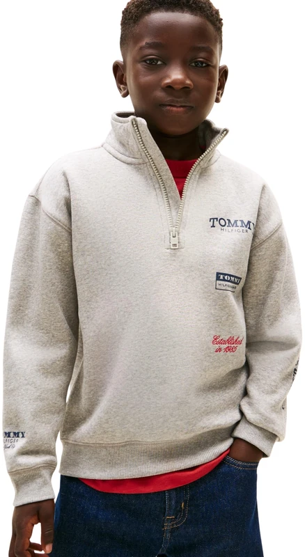Tommy Hilfiger Boy's MULTI PRINT HALF ZIP SWEATSHIRT KB0KB10336 Zip Through Sweatshirt, GREY (Mid Grey Heather), 14 Years - Image 1