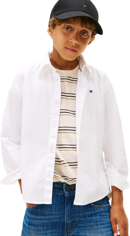 Tommy Hilfiger Boy's Flag Oxford Shirt LS KB0KB10192 L/S Shirt, White (White), 8 Years