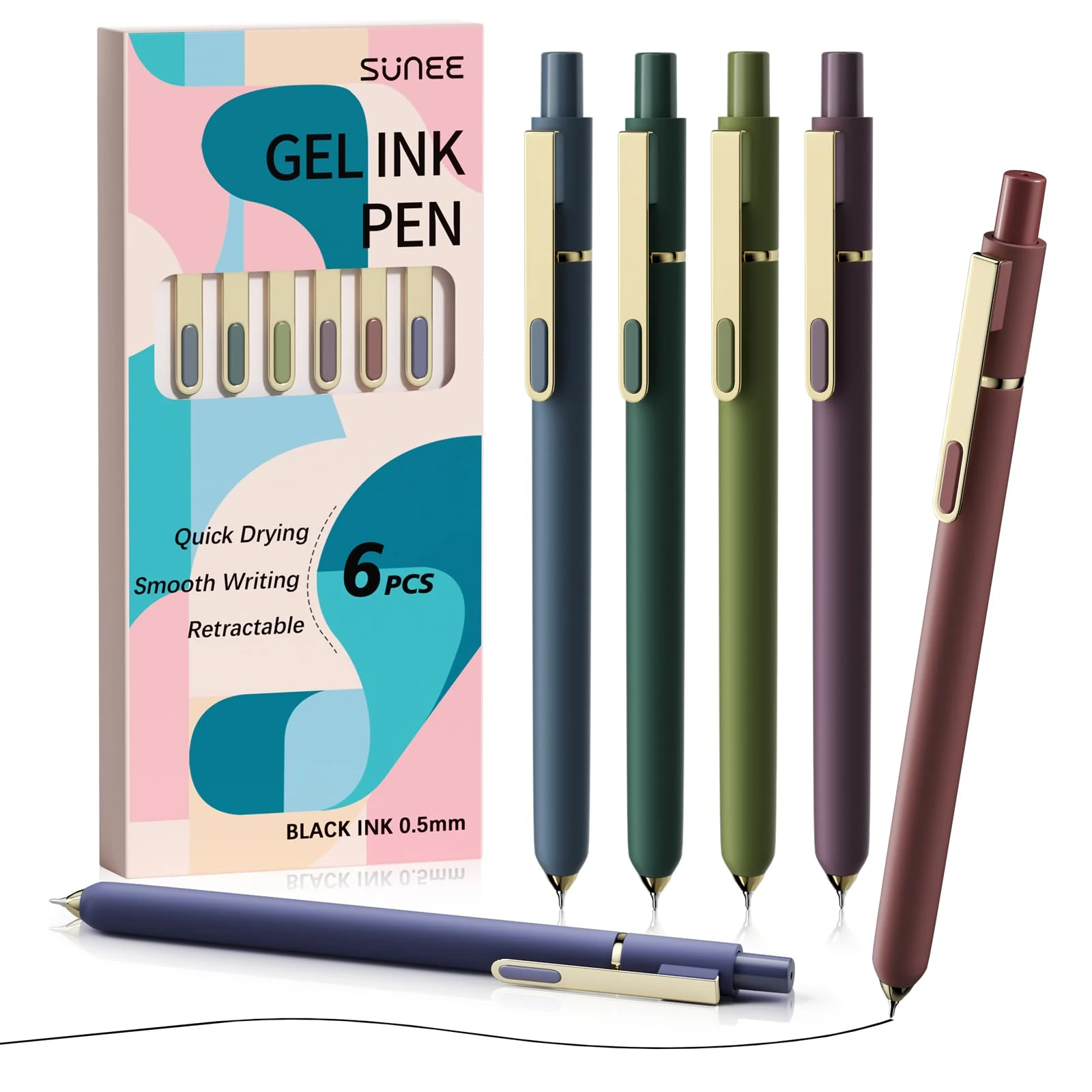 SUNEE Gel Pens, 6 Pack 0.5mm Fine Point Smooth Writing Pens with Quick-Dry Balck Ink, Cute Aesthetic Pens for School, Office, Note Taking, Journaling, Gifts for Women and Men - Vintage