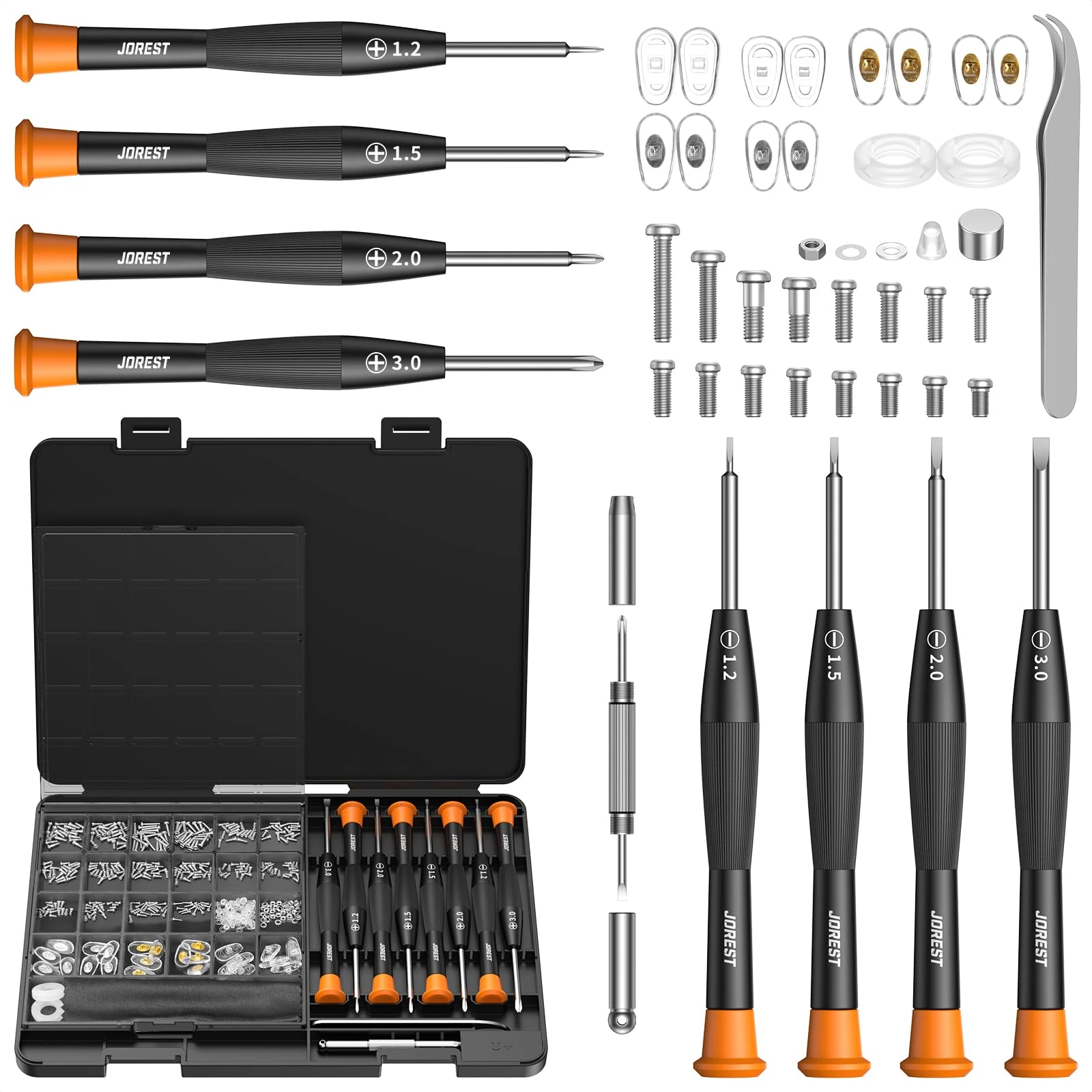 JOREST Eyeglass Repairing Kit, Eyeglass Repair Tool Kit Including Small Screws, Nose Pads, Tweezer, Cleaning Cloth and Precision Screwdrivers Suitable for Eyeglasses, Sunglasses, and Rimless Glasses