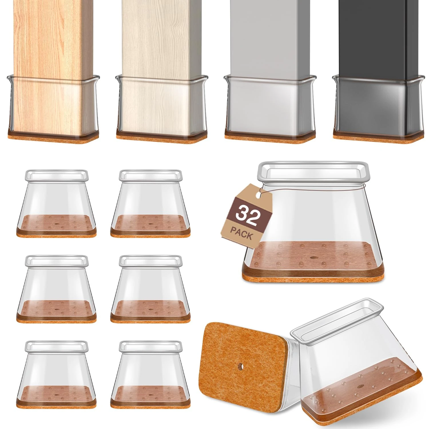 32 Pcs Chair Leg Floors Protectors Furniture Pads Floor Protectors for Hardwood Floors Large Chair Sliders Silicone Covers with Stronger Felt Pads Rectangle Large Fit (Perimeter:125-150mm)