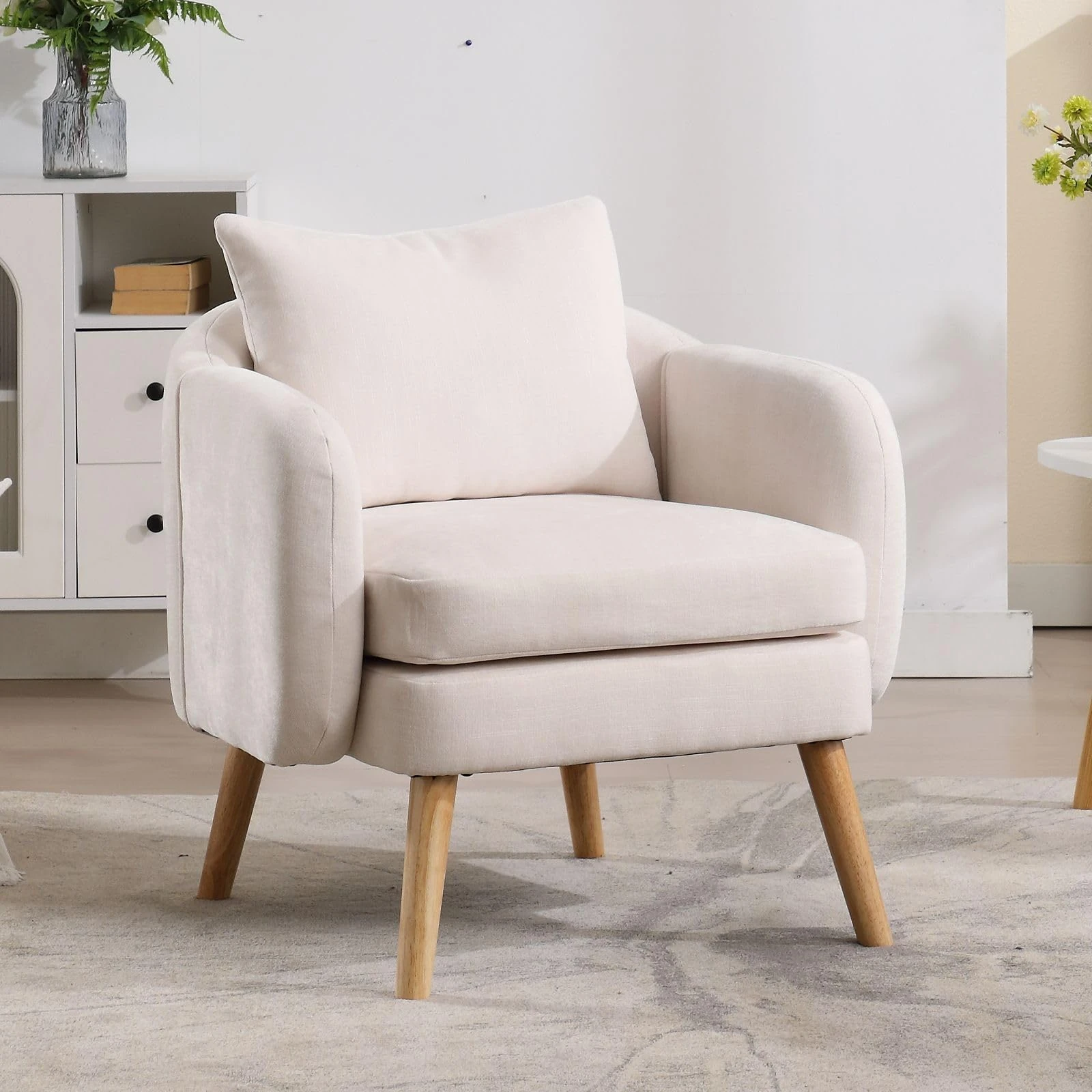 chairus Modern Chenille Armchair Upholstered Accent Chair with Wooden Legs for Living Room/Bedroom, Beige