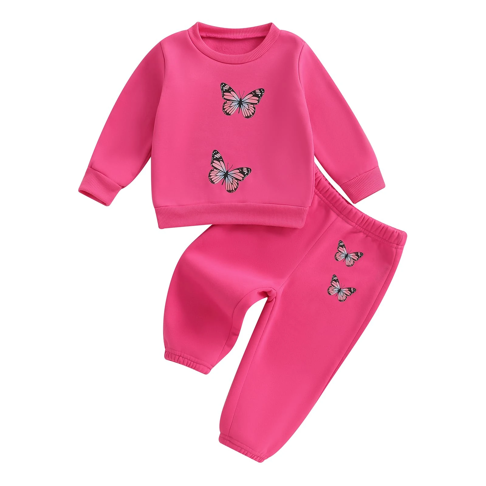 Toddler Baby Girl Fall Winter Outfit Long Sleeve Butterfly Print Sweatshirt Pullover Shirt Top and Elastic Waist Pants 2 Piece Tracksuit Set Warm Clothes for Little Girls (Rose, 6-9 Months)