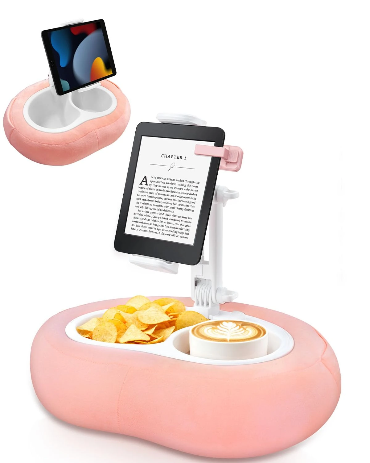 Miledi Tablet Pillow Stand, Kindle Holder,360°Adjustable Tablet Holder Compatible with 5"-12.9" Phone/Tablet, Kindle, iPad, iPhone, Google, Phone Holder for Bed with Snack Bowl and Cup Holder