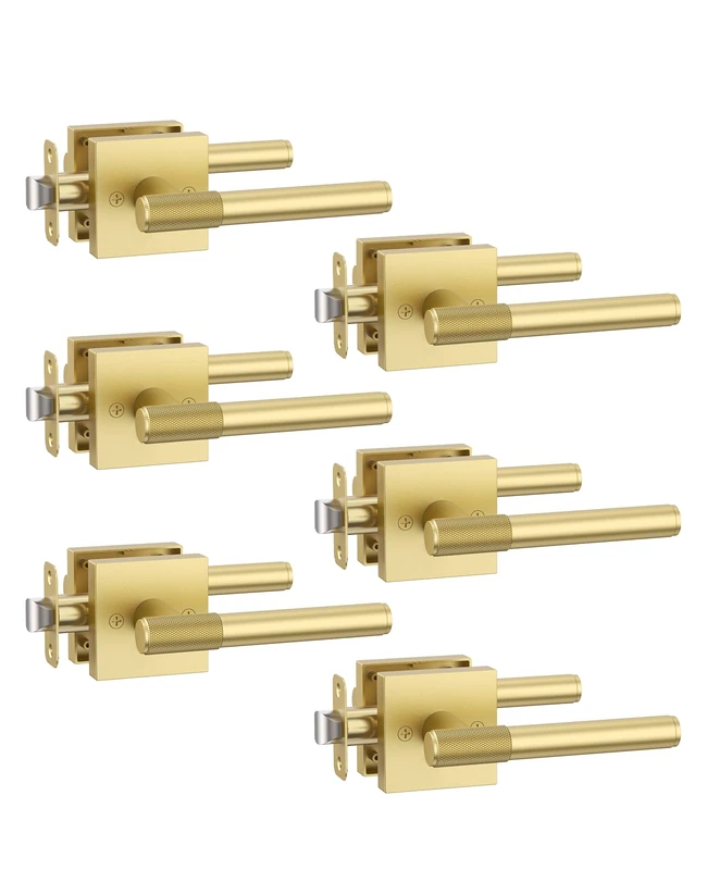 Asidrama 6 Pack Passage Gold Door Knob with Lock, Brushed Gold Door Handles Interior for Bedroom or Bathroom, Heavy Duty Door Lever with Reversible Interior Door Handle for Left Right Sided Doors