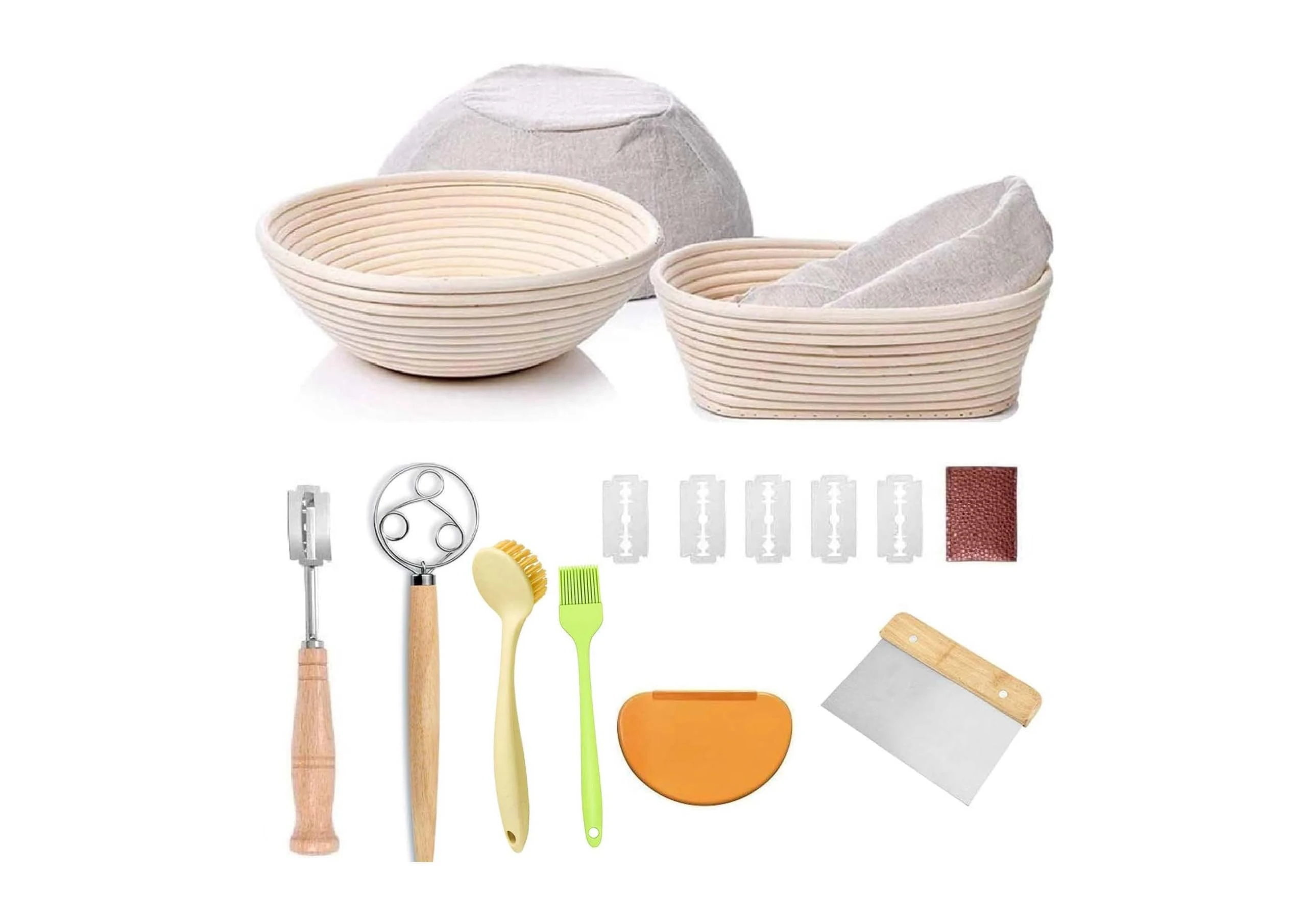 Bread Proofing Basket Set,Round & Oval Sourdough Proving Basket,100% Natural Rattan, Sourdough Bread Making Kit with Cloth Liner, Bread Lame, Dough Whisk, Scrapers & Brush.Sourdough Starter Kit,