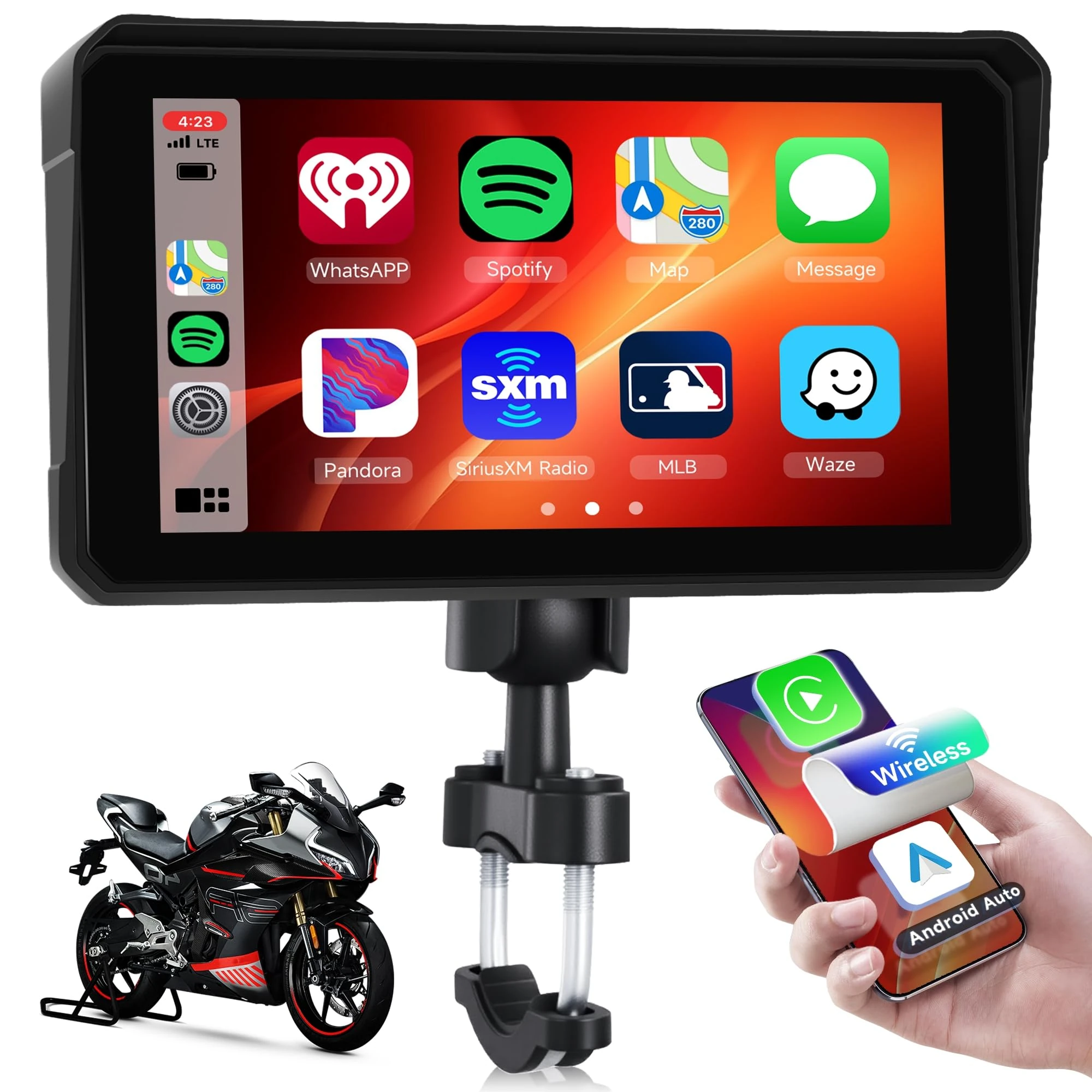 Motorcycle Carplay Screen with Bluetooth, 6 Inch Touchscreen Wireless CarPlay & Android Auto Airplay Screen for Moto GPS Navigation for Motorbike Waterproof, Voice Control, Voice Assistant, TF