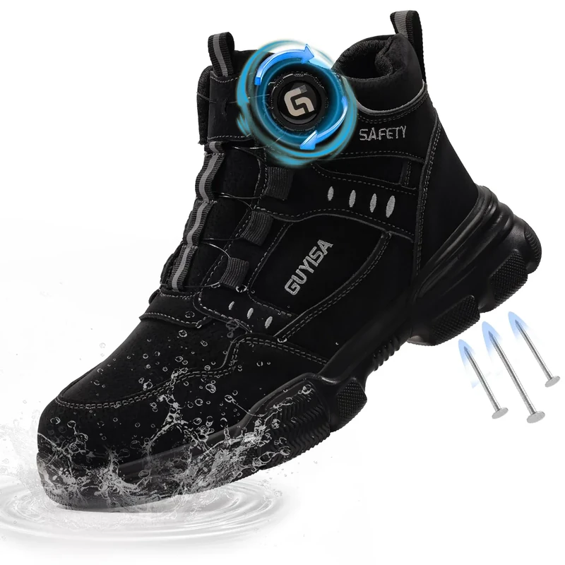 GUSAYEX Steel Toe Cap Safety Boots Mens Lightweight Work Boots with Puncture Proof Midsole & Quick Lace Swivel Buckle Comfortable Safety Shoes for Construction, Warehouse，Logistics and Factory Black