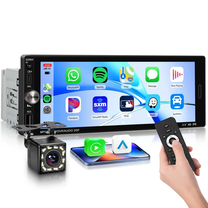 Single Din Car Stereo with Wireless CarPlay/Android Auto/Mirror Link,1 Din 6.9 Inch IPS Touchscreen Car Radio Bluetooth Handsfree FM Type-C USB EQ SWC Reverse Camera