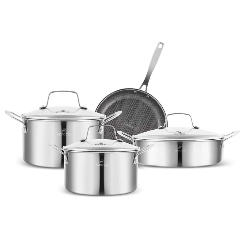 Karaca Ceramica Steel 3-Ply Stainless Steel Pot & Pan Set, Induction Cookware Set 7 Piece, Ceramic Non-Stick Coating Cooking Pots with Lids, Silver