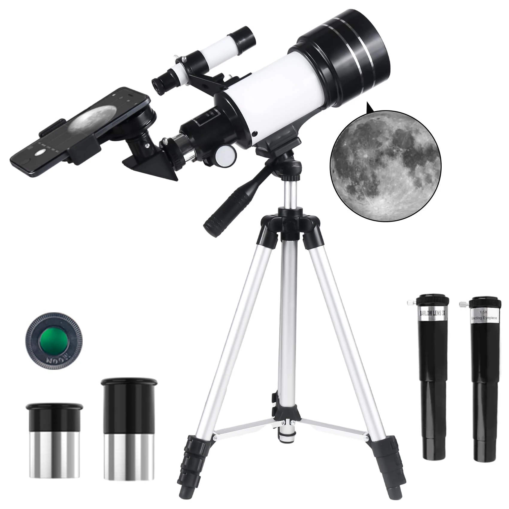 Misilmp Astronomical Telescope for Adults/Kids, 70mm Aperture 300mm Refractor Telescopes with Finder Scope, Tripod, Phone Holder, Portable Travel Telescope for Astronomy Beginners & Kids (White)