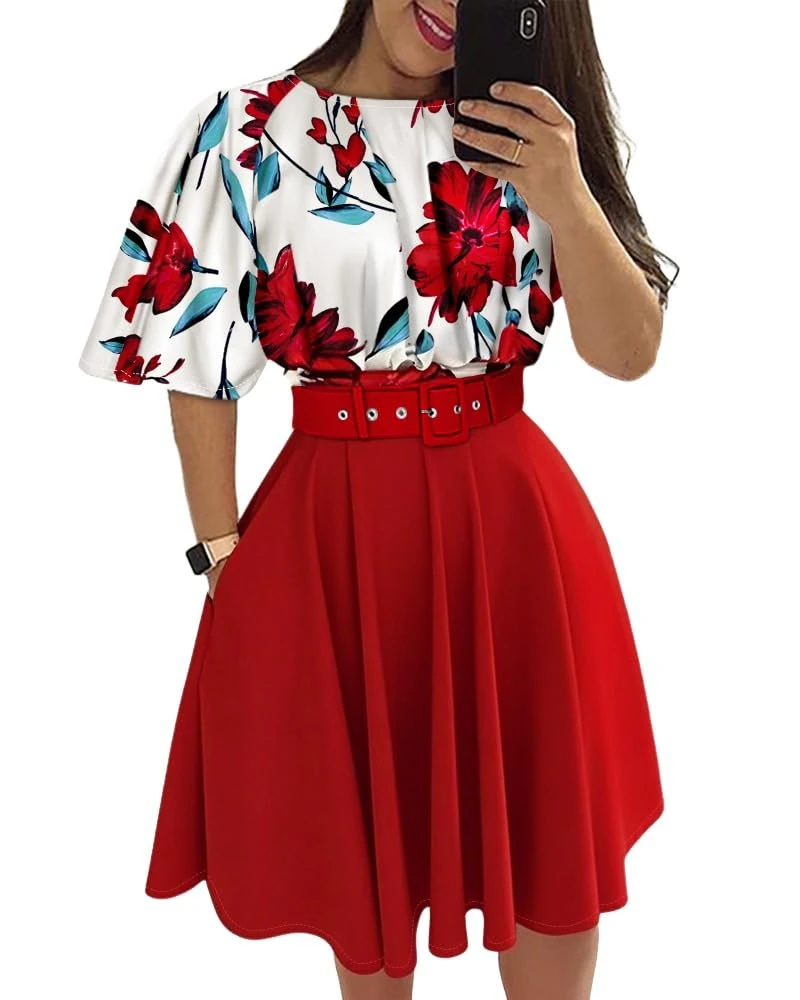 CHICME Women's Summer 2 Piece Outfits Floral Waist Shirred Crop Top and A Line Mini Skirt Set Dressy Casual Outfits, Red, X-Large