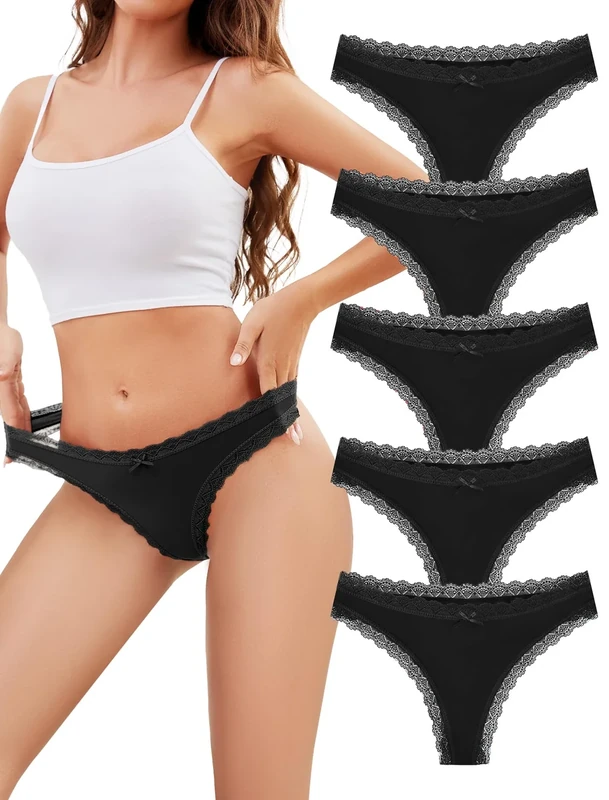 VOENXE Seamless Thongs Underwear for Women,No Vpl Show Lace Knickers,Ladies Tanga Multipack,Comfortable Soft Laser Cut Panties,Invisible Woman Lacy Side Gym G String Seam Free Underpants 5-Pack Black