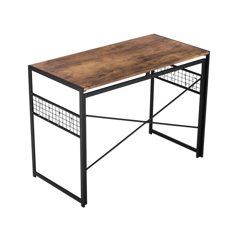 FurnitureR Industrial Folding Computer Desk Workstation with Grid Panels, 100 cm x 50 cm, Rustic Brown and Black Metal Frame, Vintage