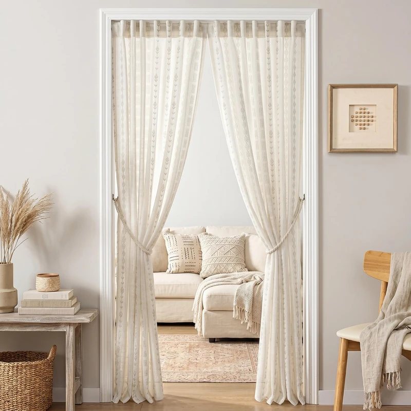 Closet Curtain 80 Inch Length for Open Closet, Boho Doorway Curtain for Door, Decorative Privacy Linen Sheer Striped Pattern Room Divider Curtains for Room Separation Bedroom, 50" W x 80" L, 2 Panels