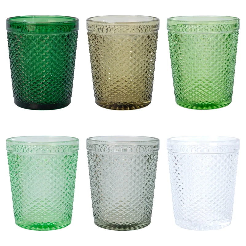 Villa d'Este Home Tivoli 1996 Set of 6 Water Glasses 300ml Glass Diamond Effect Surface - Honey Greenery