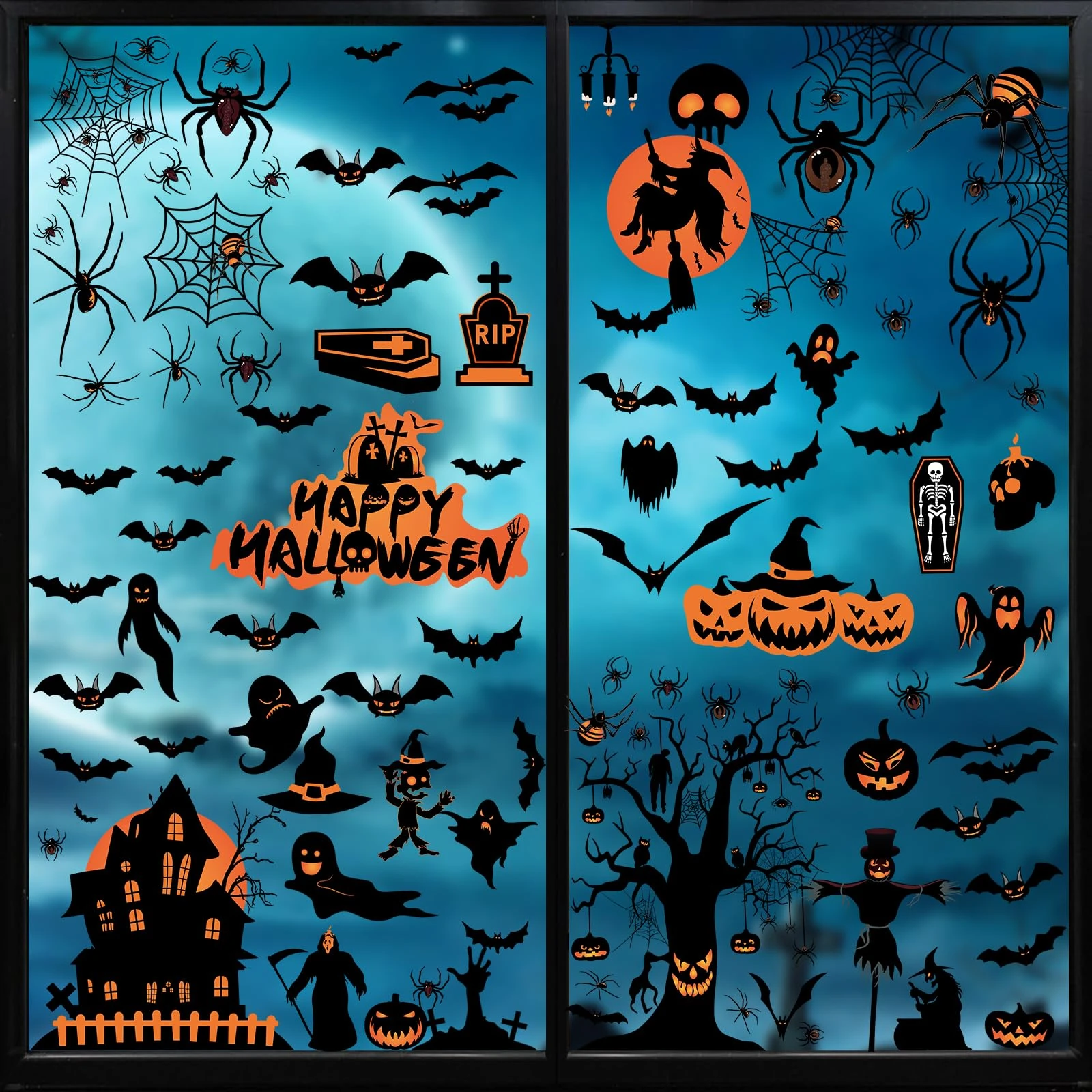 Halloween Window Decorations - Black Bat Static Clings, Double-Sided Removable Halloween Window Stickers for Home, Office & Parties (8 Sheets)