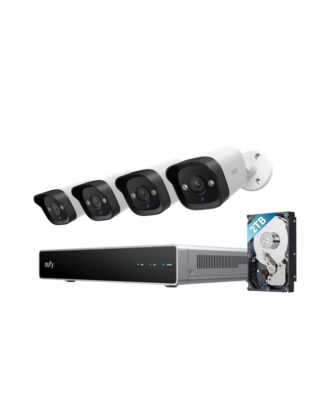 eufy Security PoE NVR CCTV Camera Systems E40, 4 4K Bullet Cams, Wired Outdoor Cam, 4K UHD, 122° FOV, Colour Night Vision, 24/7 Recording, AI Detection, Red & Blue Lights, 8 Channel NVR, 2TB HDD, IP67