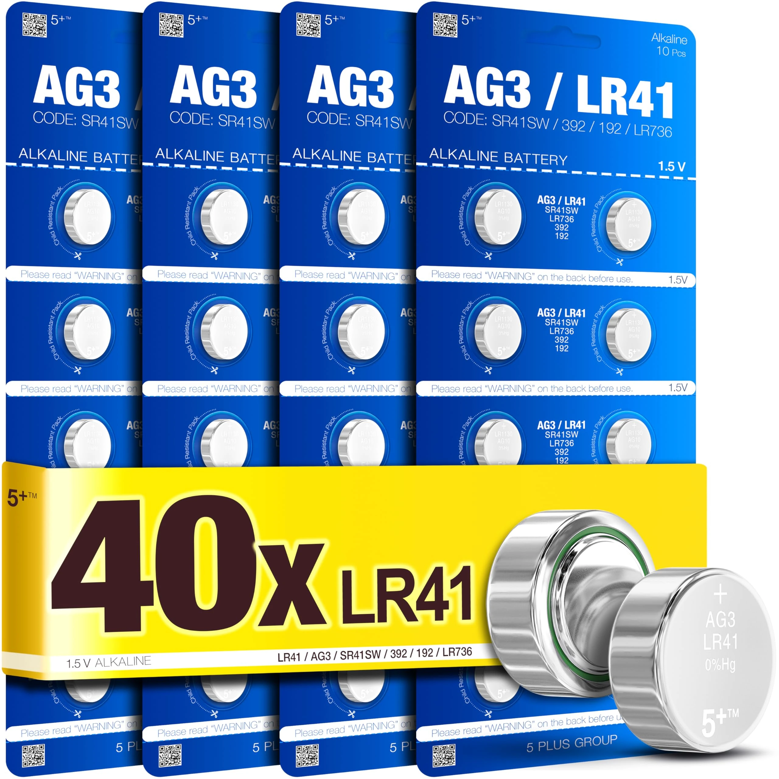 5Plus 40-Pack LR41 AG3 392 192 SR41SW L736 LR736 1.5V Alkaline Button Cell Batteries – Ideal for Watches, Calculators, Toys & Small Electronics