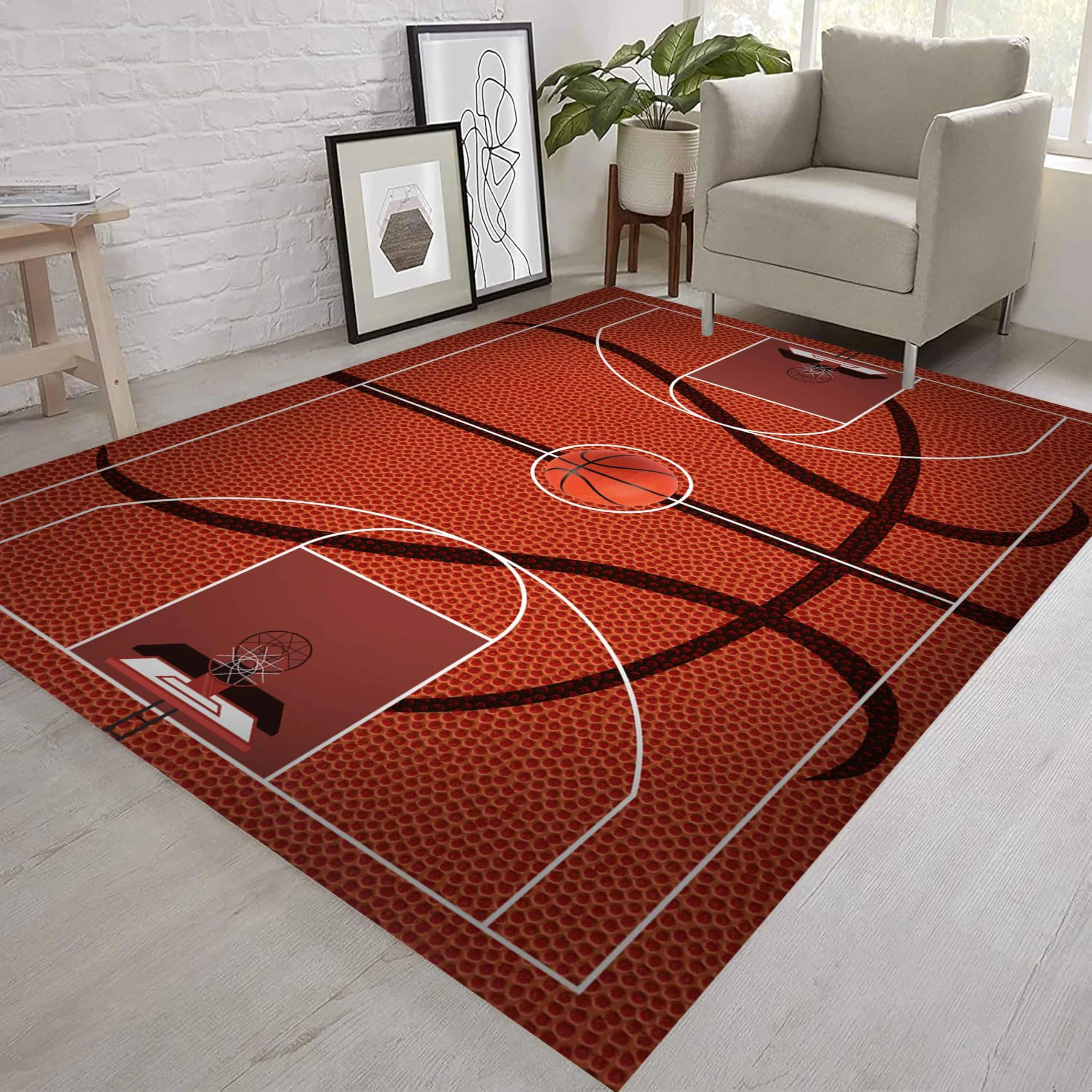Kuluoits Basketball Area Rug, 180x300cm, Sports Theme Brown Basketball 3d Print Creative Carpet Floor Mat, Non-slip Washable Easy Clean Kid Boy Bedroom Playroom Decor Rug for Living Room Bedroom