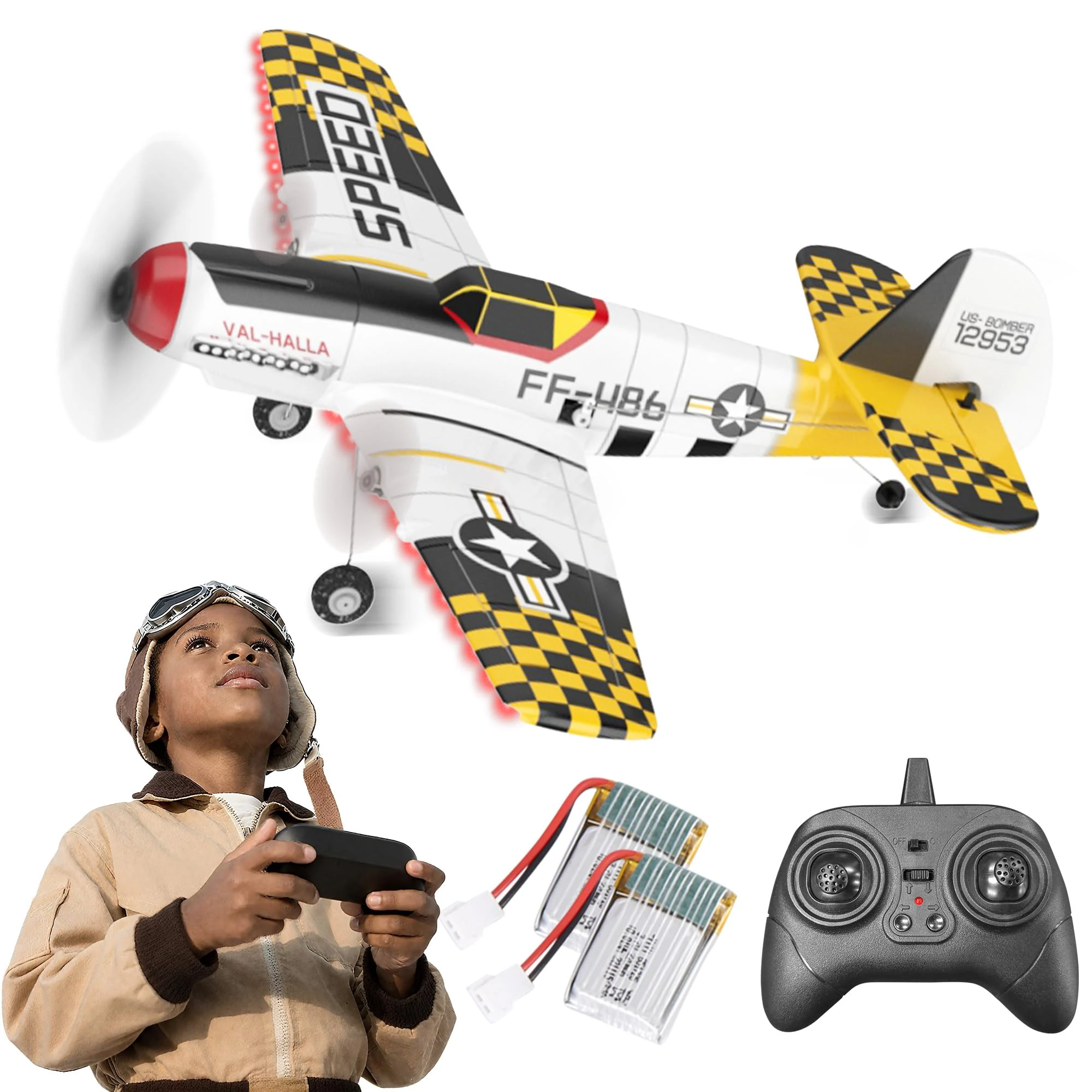 BEZGAR 3 Channel RC Plane, 6-axis Gyro Remote Control Airplane Fighter Toys with Colorful LED Navigation Lights & 2 Batteries, Easy Control for Adults Kids Beginners, HQ089 Yellow