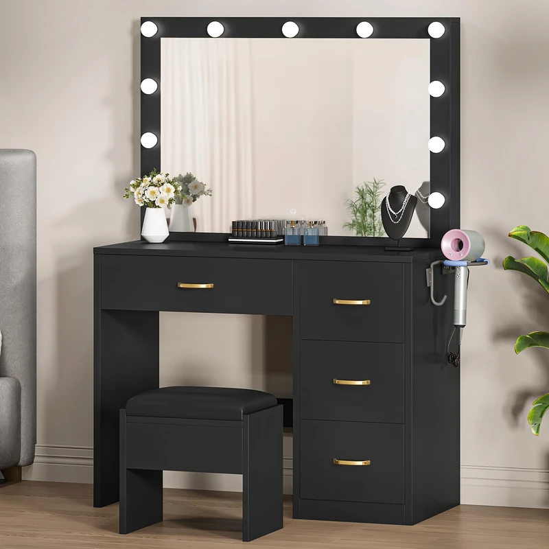 DWVO Vanity Table and Stool with LED Bulb Mirror, Dressing Table with Adjustable Lighting, 4-Drawer Storage, Hair Dryer Rack & Built-in Plug Socket, Dressing Table for Bedroom, Black