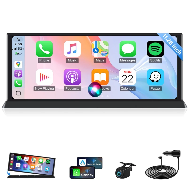 Vtopek 11.26 inch Largest Car Play Screen with 2 Brackets Wireless Apple Carplay Android Auto Carplay Screen for Car Stereo with HD Waterproof Camera Real-time GPS Navigation/Siri Google Voice Control