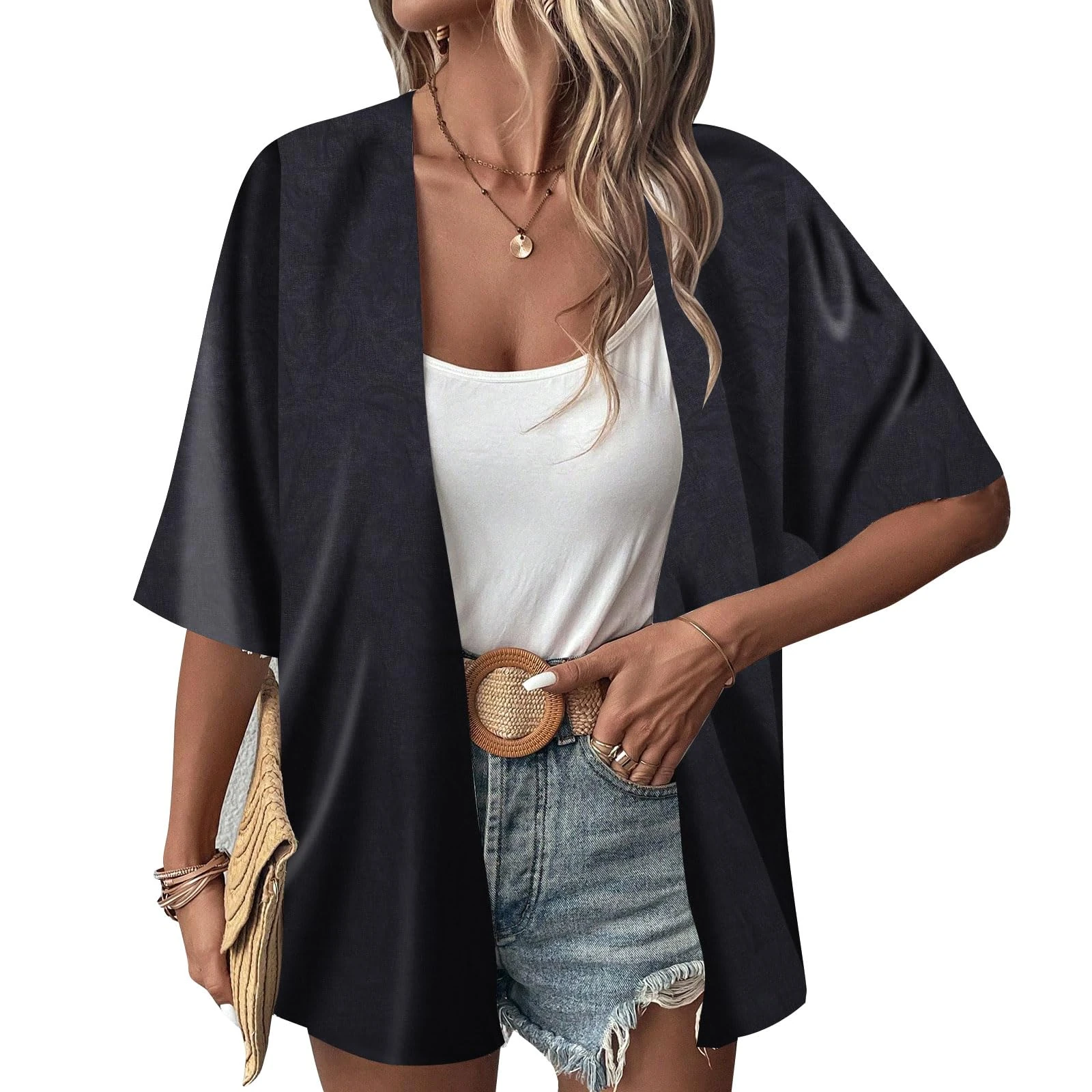 Risipu Women's Loose Print Sheer Chiffon Kimono Beach Swim Cover up Cardigan Capes Blouse Tops (Black, XL)