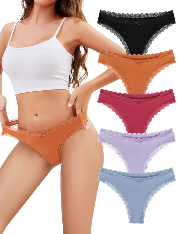 VOENXE Seamless Thongs Underwear for Women,No Vpl Show Lace Knickers,Ladies Tanga Multipack,Comfortable Soft Laser Cut Panties,Invisible Woman Lacy Side Gym G String Seam Free Underpants 5-Pack