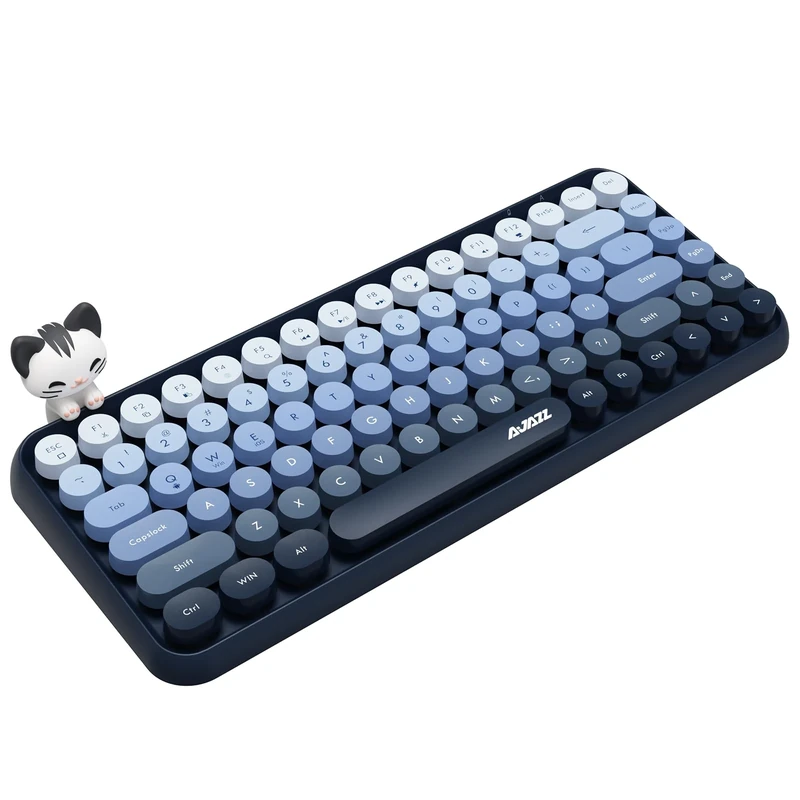 FELiCON 308i Retro Wireless Bluetooth Silent Computer Keyboard with Round Punk Compact 84 keys, Lightweight, Matte Texture, Typewriter Design, Cute Magnetic Cat Ornaments for PC, Laptop - Blue