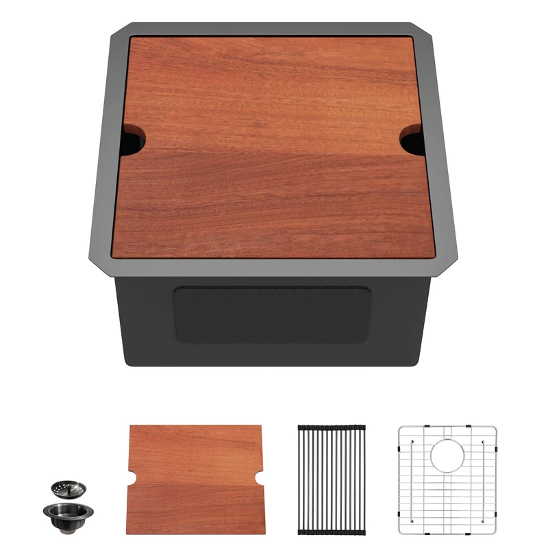 Dcolora 17 in. Black Undermount Bar Sink Single Bowl Workstation, 16 Gauge Stainless Steel Prep Sink Under Counter, 17" x 17" x 10", DC-U1717
