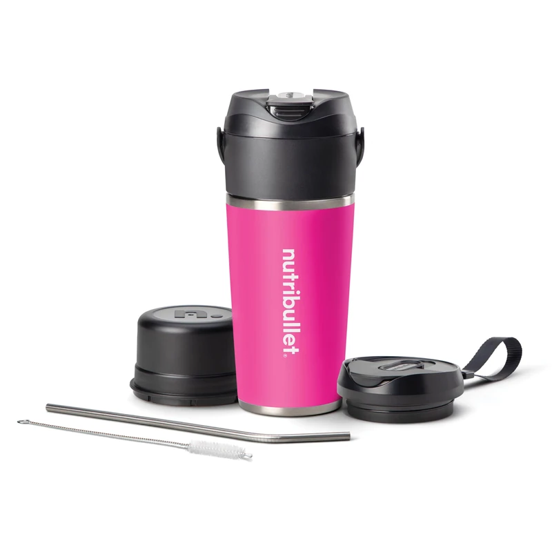 nutribullet Flip NBP016MA, Portable Blender with 590ml Insulating Cup, Cools for 24 Hours, Fines Ice Cream, Includes Lid and Straw, USB-C Charging, Stainless Steel, Magenta