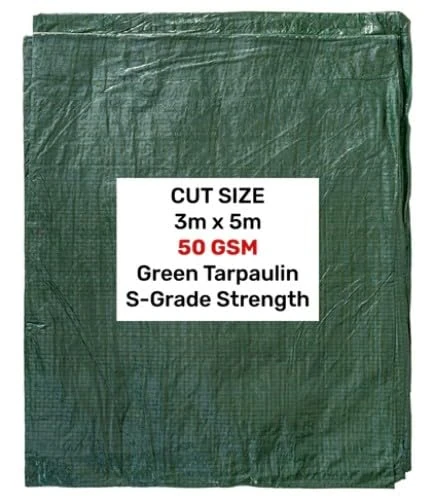 3m X 5m Green Tarpaulin Cover - 50gsm Thick - Waterproof, Weatherproof, Frost-Resistant, UV Protection, Universal, Multipurpose, Groundsheet, Camping, Boating, Hiking, Light Duty Sheet