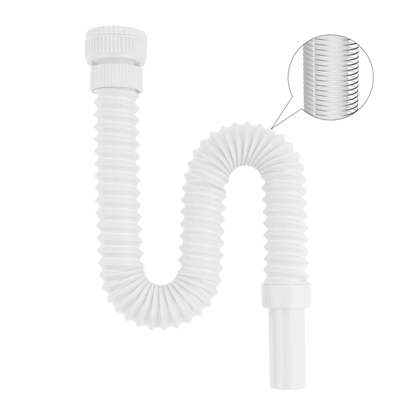 Hibbent Flexible Waste Pipe with Reinforced Steel Wire with an Adapter, Fits G1 1/4" & G1 1/2" （≈40 & 45mm） Sinks, Odour-Proof Sink Trap/P-Trap for Bathroom & Kitchen, White