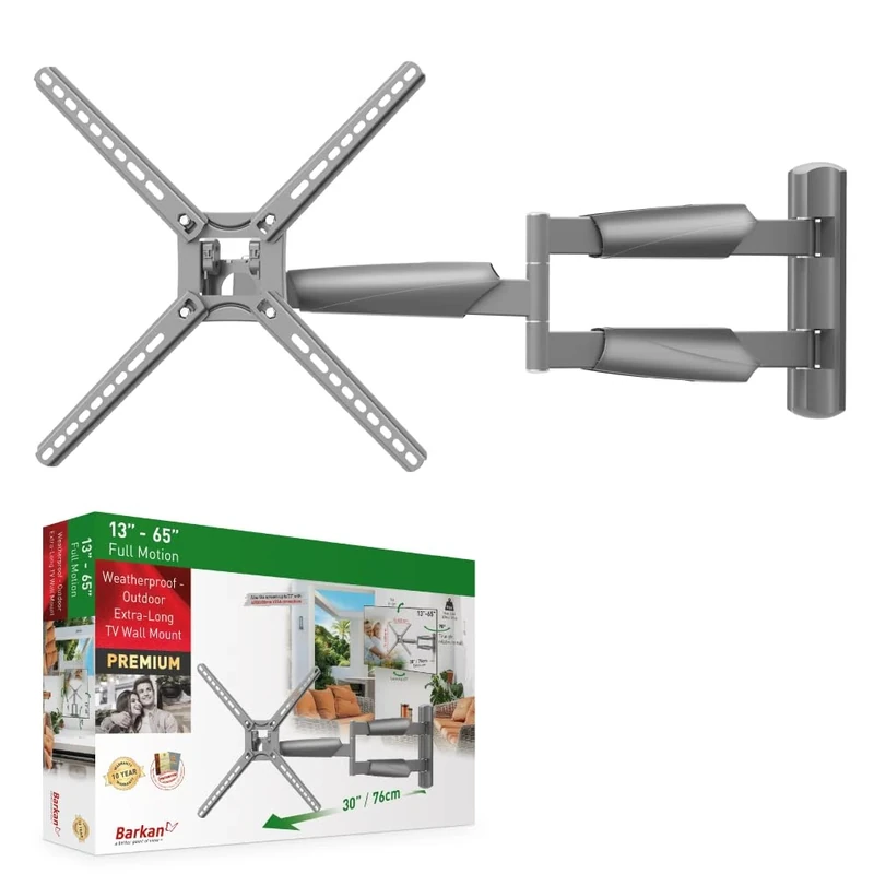 Barkan 76cm Long Gazebo Outdoor TV Wall Mount, 13-65 inch Full Motion Articulating - 4 Movement Flat/Curved Screen Bracket, Holds up to 36kg, Extremely Extendable, Fits LED OLED LCD