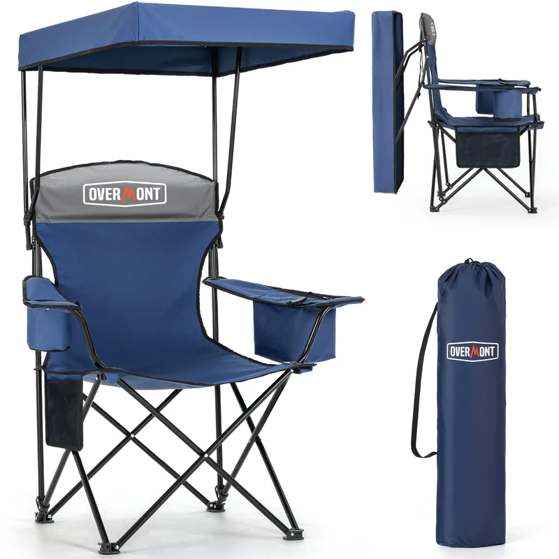 OVERMONT Camping Chair with Canopy Shade and Cooler - Support 150kg Oversized Folding Beach Chair with Umbrella- Cup Holder - Cool Bag - Lounge for Sand Travel Outdoor Pool Sports Blue