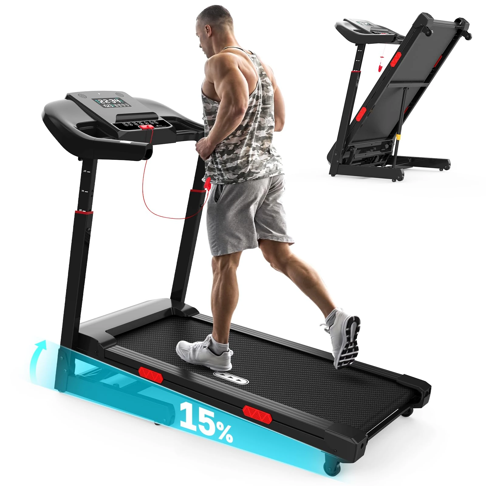 REDLIRO Treadmill with Auto Incline 15% - 160 kg - Foldable - Running Auto Incline 3.0Hp Treadmill for Home - Adjustable Handrail Height - Equipped with App Voice Control and Bluetooth Speaker