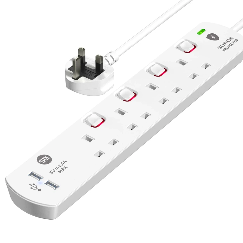 SLx Extension Lead 2m 4 Way Gang Switched Surge Protected Power Strip with 2 USB A Ports & LED Indicator 13A UK Plug & 3 Pin Sockets Wall Mountable Extension Cord for Home, Office or Garage White