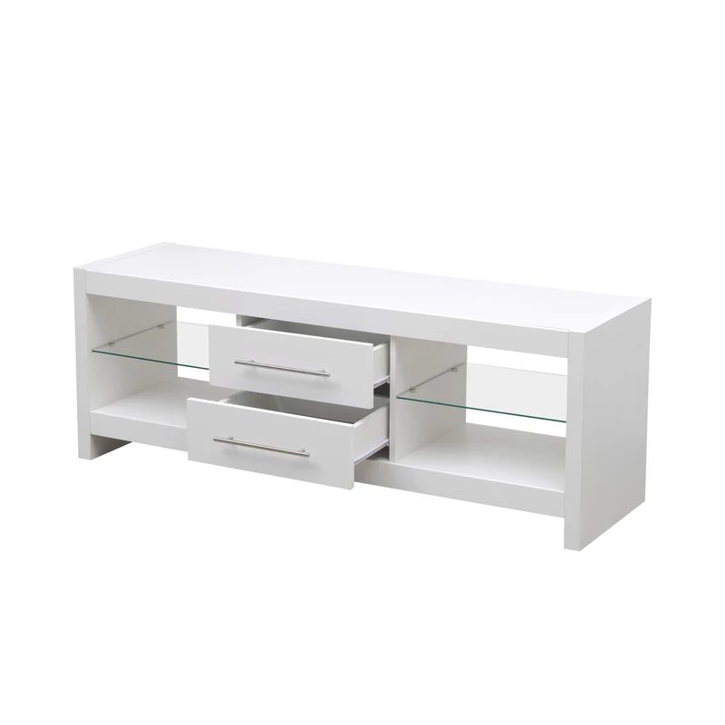MMT White TV Stand 55 Inch Cabinet LED Lights, 2 Glass Shelves 2 Drawers, White Gloss TV Unit for Living Room, for Up to 65" TV, Modern Living Room Furniture