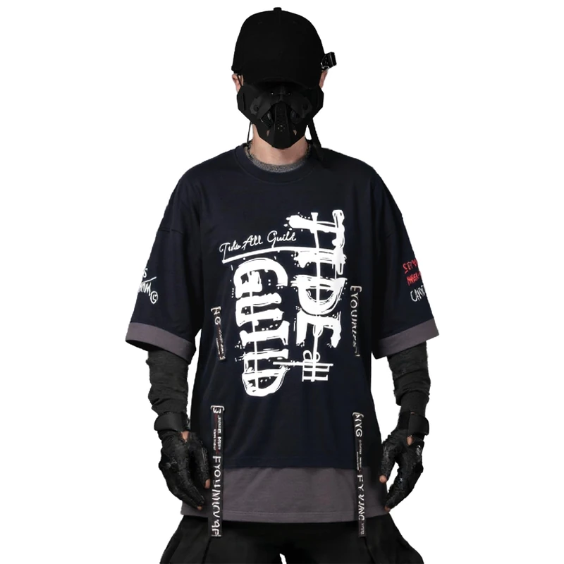 XYXIONGMAO Techwear Shirt Japanese Streetwear Hip Hop Shirts Men Graphic T Alphabet Design Workwear Gothic Hoodie, Crew Neck Black, Large