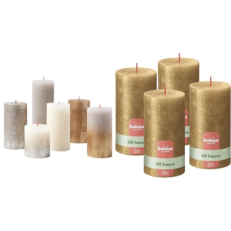 Bundle of Bolsius Rustic Candle Gift Set - New Sparkle - Box of 6 Candles - Long Burning Time + Bolsius Rustic Pillar Candle - Shimmer Gold - Pack of 4 - Burning Time of 60 Hours - 13 x 7 cm