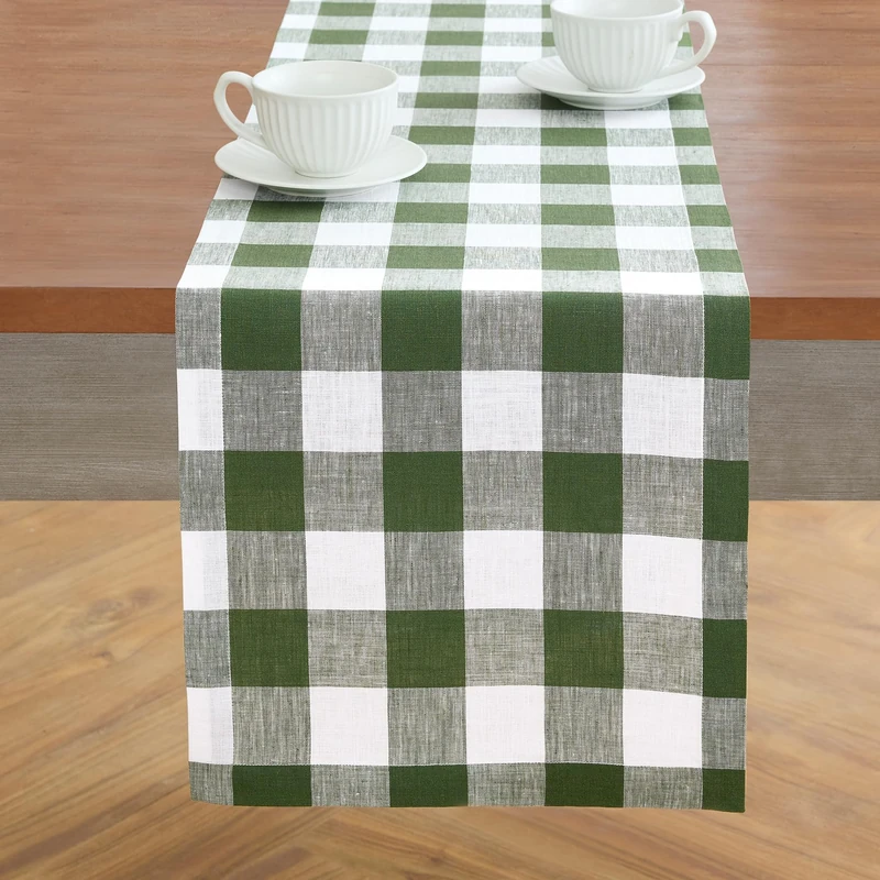 Solino Home Linen Plaid Table Runner 132 Inches Long - 100% Pure Linen Olive and White Buffalo Check Extra Long Table Runner 14 x 132 Inch Ideal for Dining