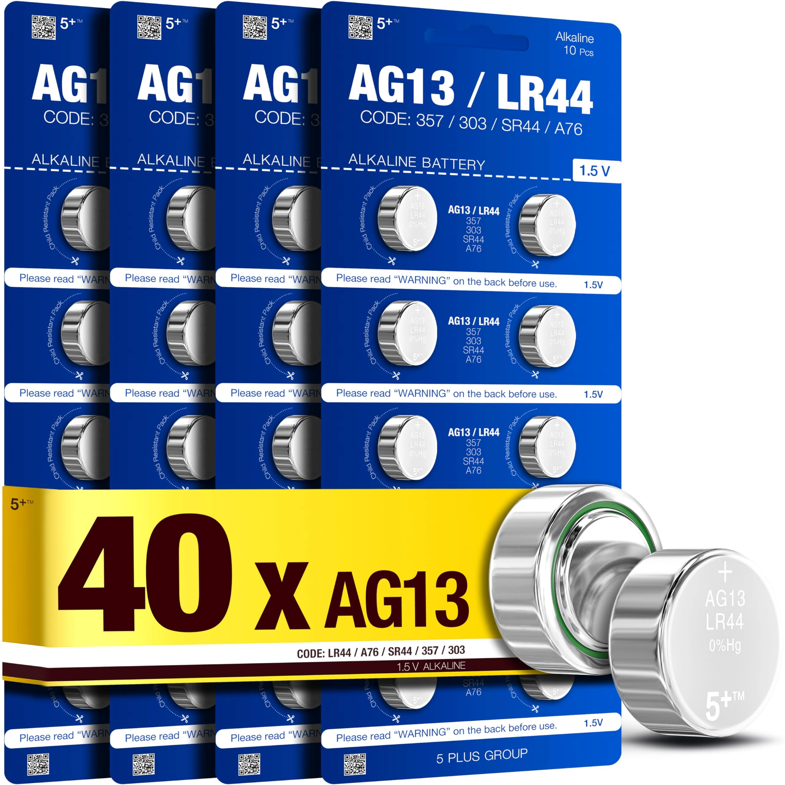 5Plus LR44 1.5V Button Cell Batteries 40-Pack AG13, A76, 357, SR44, L1154, G13, LR1154, RW82 Compatible Long-Lasting Power for Watches, Toys, Calculators, Hearing Aids, Key Fobs, Glucometers & More