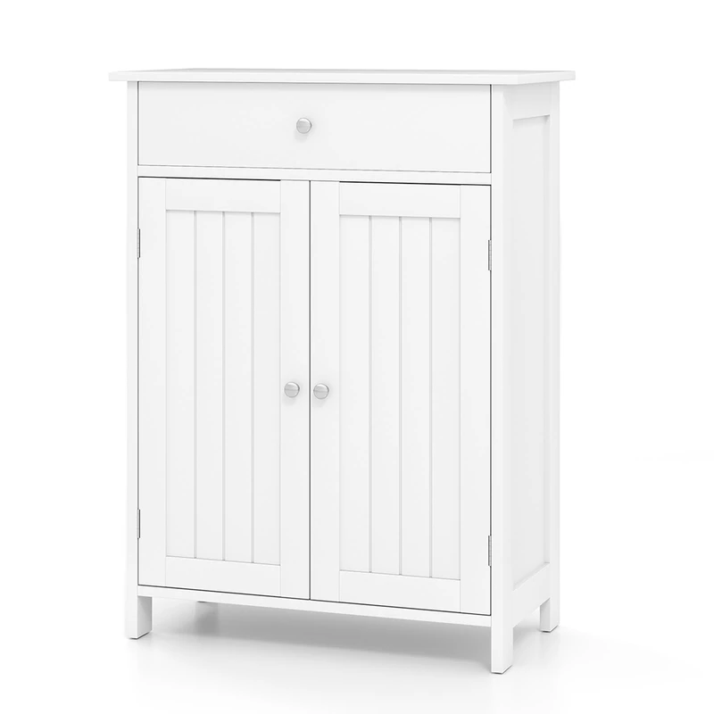 RELAX4LIFE Bathroom Floor Cabinet, Double Door Wooden Storage Cupboard with 3-Level Adjustable Shelf, Freestanding Bathroom Storage Organizer Unit Side Cabinet (with Large Drawer, White)