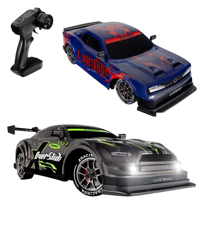 Overmax Drift & Racing RC Car X-OVERSLIDE 1:16 Scale, 80m Range, 4WD Drive 20 km/h, 2 Batteries, 2 sets of Wheels, 2 Body Shells, 2.4 GHz Remote, LED Lights, Rechargeable Toy Vehicle for Kids & Adults