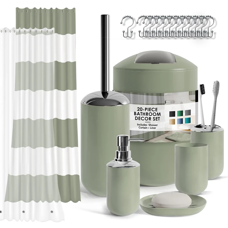 Clara Clark Bathroom Set - Sage Green Bathroom Accessories Set, 20PC Bathroom Accessory Set, Shower Curtain Set with Liner, Toothbrush Holder, Soap Dispenser, Soap Dish, and Toilet Brush Holder