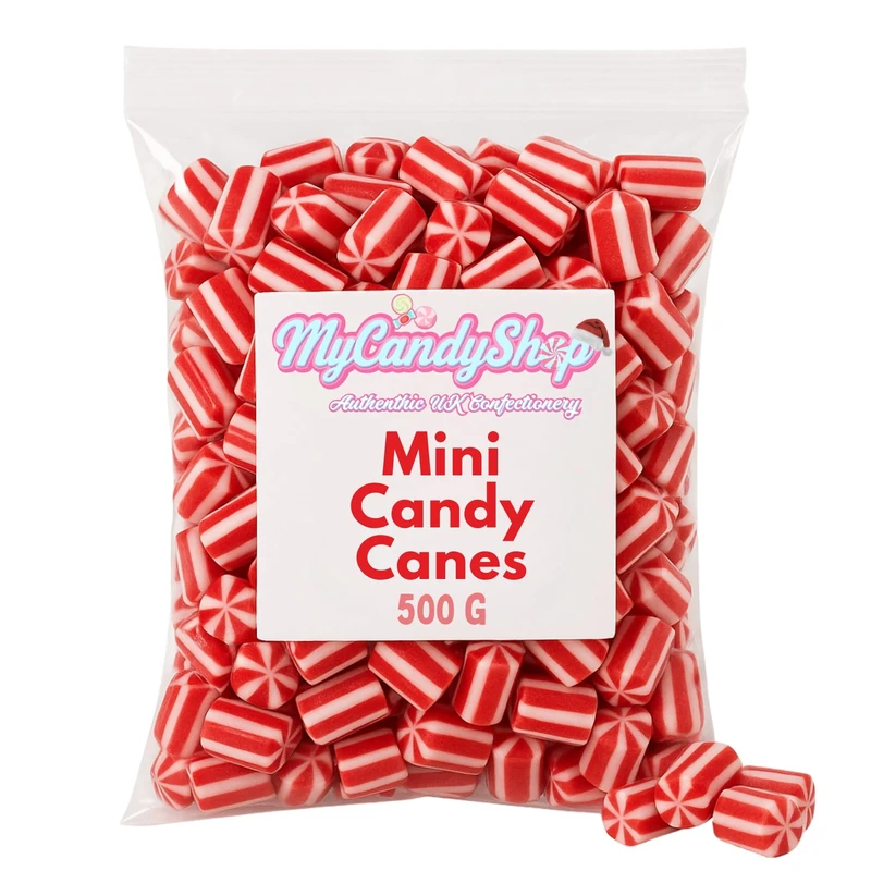 MyCandyShop Strawberry Mini Candy Canes - 500g Christmas Sweets Strawberry Candy Canes - Soft & Chewy Fruit-Flavoured candycanes Similar taste to strawberry laces - Christmas stocking filler sweets